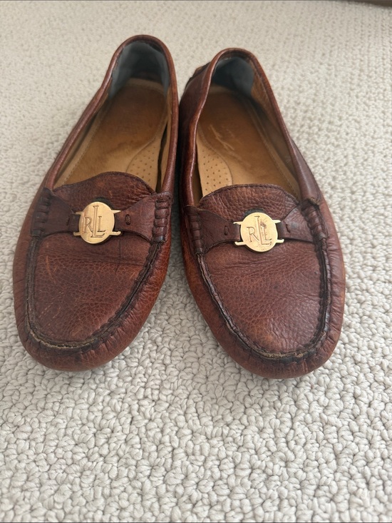 Ralph Lauren Shoes - Ralph Lauren Brown Pebbled Leather Penny Loafers with Gold RL Medallion, 7